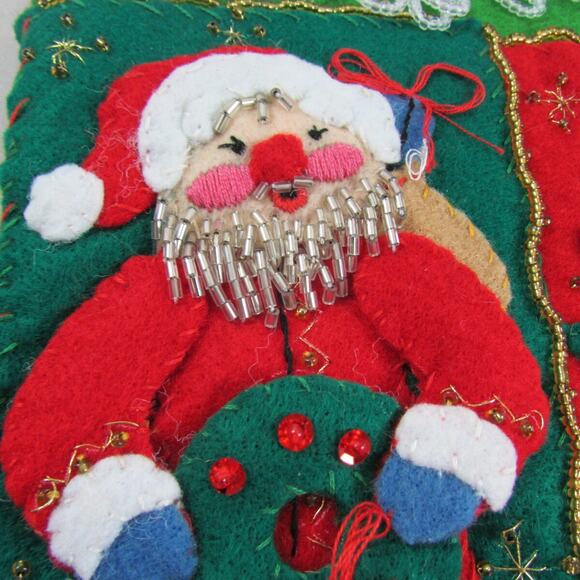 Felt Applique Christmas Stocking Santa Sequins Beads Finished Complete Handsewn - Picture 5 of 9